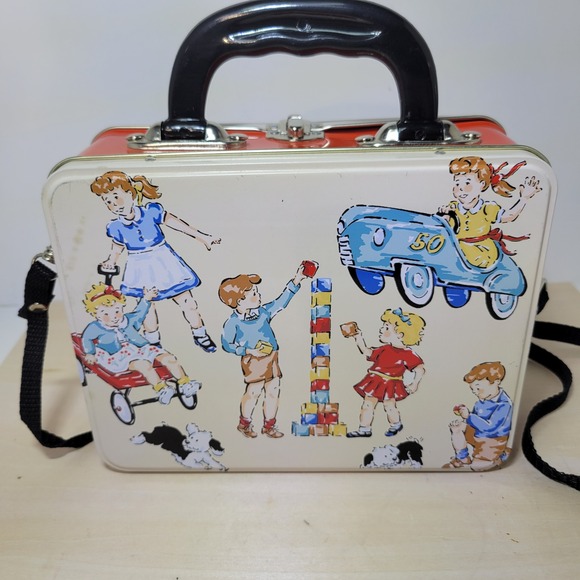 Vintage Style Metal Lunchbox‎ with Strap Retro Children Playing School Orange - Picture 3 of 7